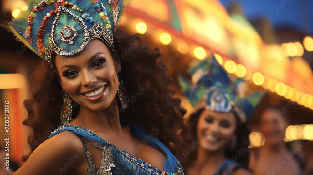 Two beautiful happy women in carnival costumes and feathers at chic carnival against background of bokeh and fireworks. Rio carnival festive concept Two beautiful happy women in carnival costumes and feathers at chic carnival against background of bokeh and fireworks. Rio carnival festive concept