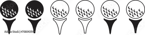 Golf ball on tee vector icon set in black filled and outlined style.