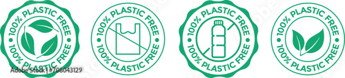 100% plastic-free Badge. Vector logo design set of green plastic free outlined vector emblem. suitable for eco-friendly product packaging icons.