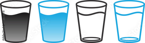 Water glass icon vector set. Drink glass flat line pictogram. Black and blue sign set on white background