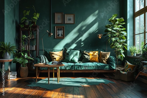 Interior mockup green wall with green sofa and decor in living room with book shalf A Green Haven: Transforming Your Living Room with a Green Wall and Sofa photo