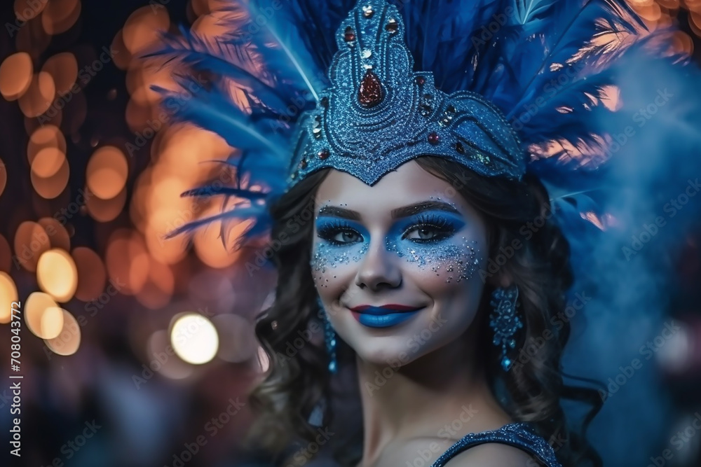 Beautiful woman in carnival costume and feathers at chic carnival against background of bokeh and fireworks. Blue color.