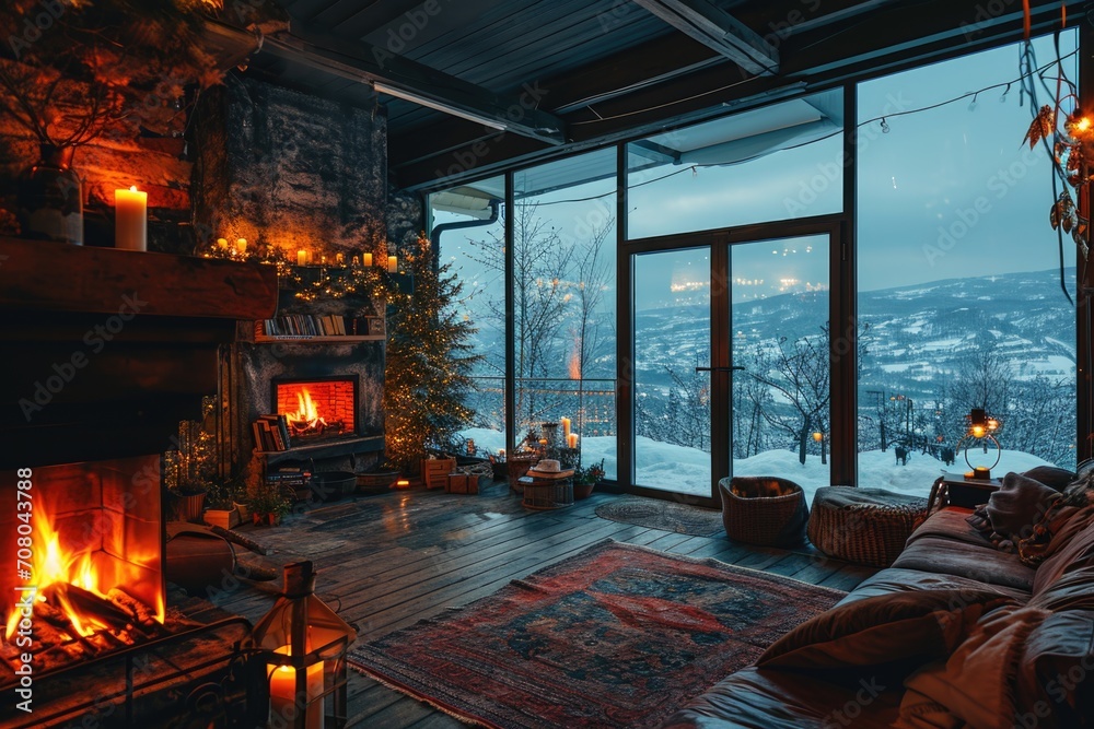 Interior of cozy living room with fireplace and Christmas decorations in industrial style.