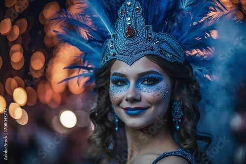Beautiful woman in carnival costume and feathers at chic carnival against background of bokeh and fireworks. Blue color. © svittlana