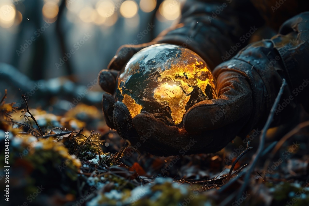 Picked globe of the earth in the hands of a man in a winter forest. Concept of preserving the planet. Picked globe of the earth in the hands of a man in a winter forest. Concept of preserving the planet.