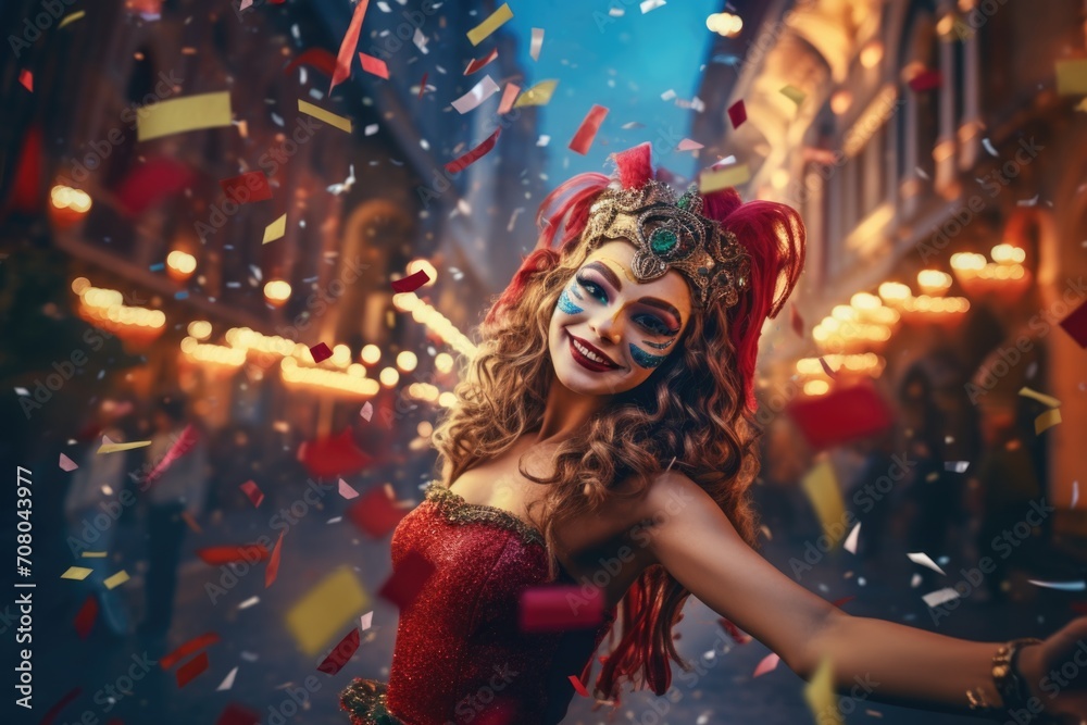 Beautiful girl in carnival costume with flying confetti in the city