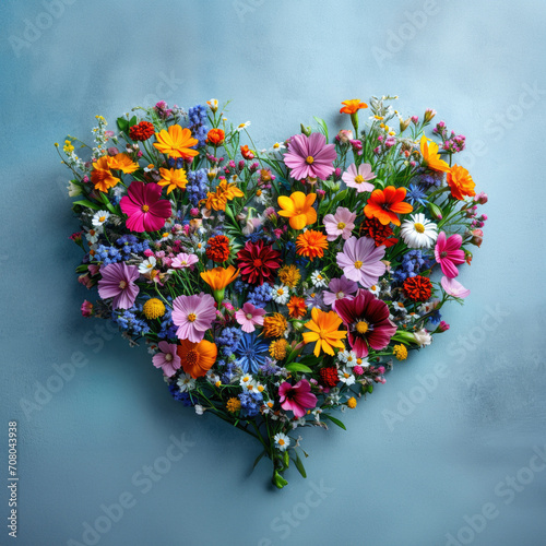 Colorful bouquet of wildflowers in heart shape on blue background