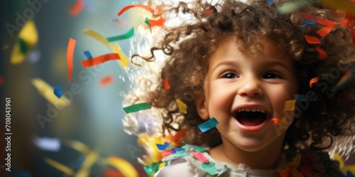 Portrait of a little girl with curly hair in a confetti photo