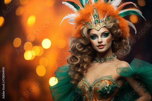 Beautiful woman in carnival costume and feathers at chic carnival against background of bokeh and fireworks. Orange and green color. Copy space for text