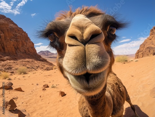 Close up portrait of a camel. Detailed image of the muzzle. A wild animal is looking at something. Illustration with distorted fisheye effect. Design for cover  card  decor  etc.