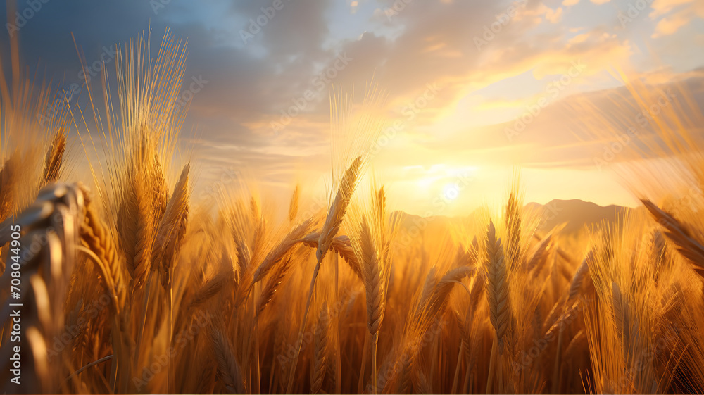 Sunset over field, Field of wheat, Golden wheat field at sunset with mountains and clouds Sunset over field, Field of wheat, Golden wheat field at sunset with mountains and clouds