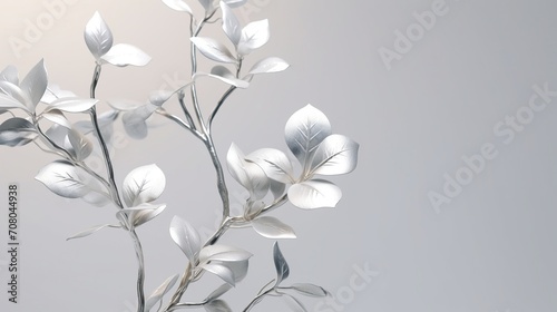 Branch with silver leaves. Craft from cardboard, plastic, metal or other material. Illustration for cover, card, postcard, interior design, banner, poster, brochure or presentation. photo