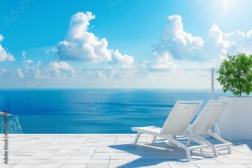 White deck chair on terrace with stunning sea view. Mediterranean hotel under blue sky on sunny day, summer vacation concept