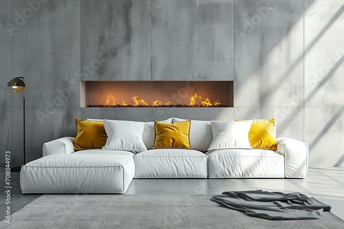 White sofa with yellow pillows against concrete wall with fireplace. Scandinavian home interior design of modern living room.