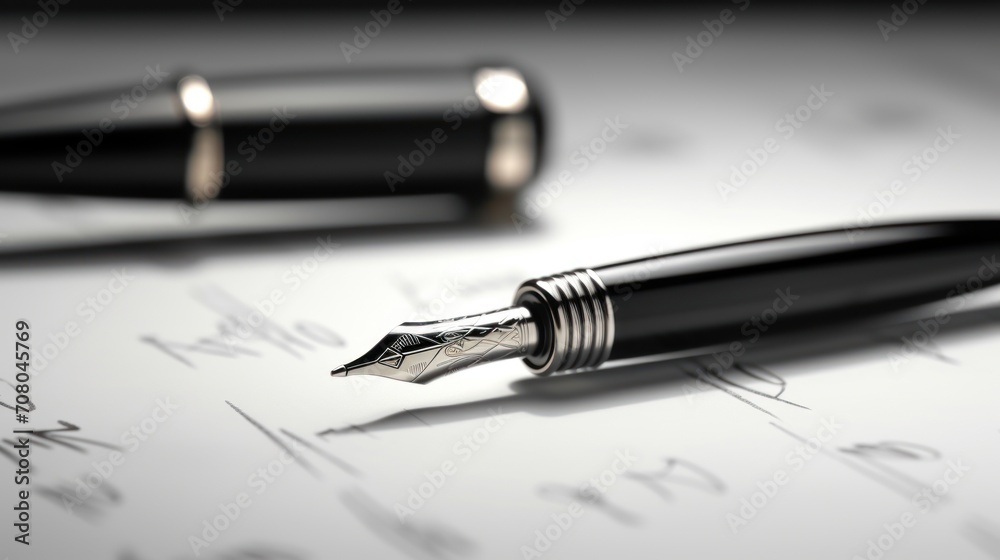 A fountain pen delicately rests on crisp white paper, capturing a closeup of precision, ink, and meticulous business notes. A fountain pen delicately rests on crisp white paper, capturing a closeup of precision, ink, and meticulous business notes.