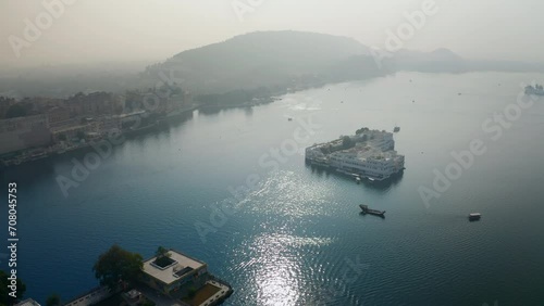 Aerial View of The Taj Lake Palace and City Palance on Lake Pichola In Udaipur, Rajasthan, India. photo