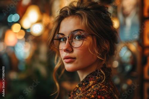 portrait of a beautiful young girl in eyeglasses with curly long hair, close-up, warm lighting