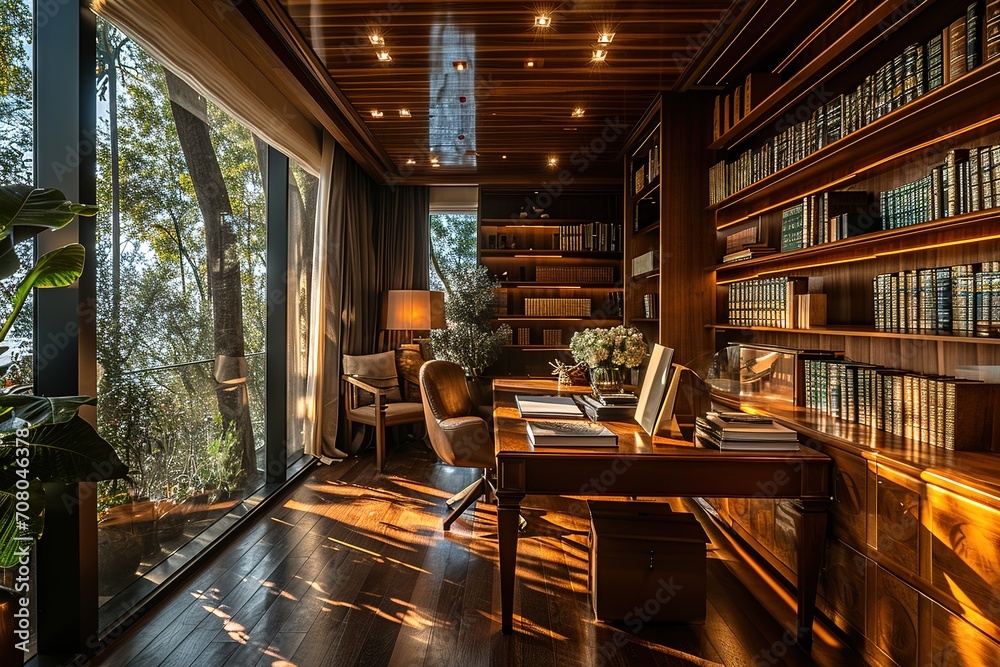 Luxurious residence features a spacious desk and private library