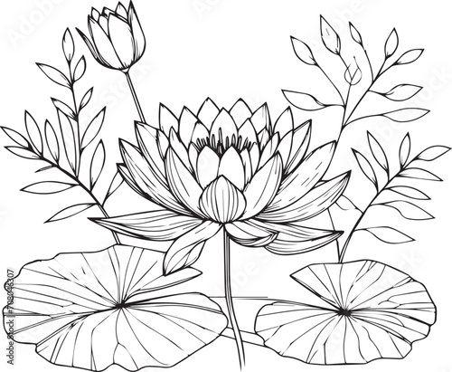 silhouette of flower coloring pages, petal leaves of branch vector illustration, waterlily flower free printable silhouette design line art isolated on white backgrounds
