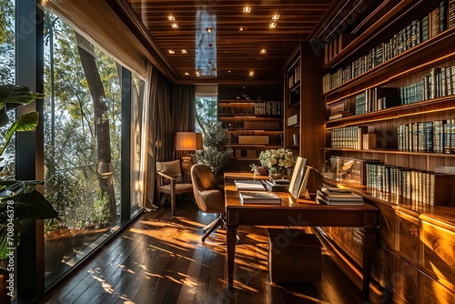 Luxurious residence features a spacious desk and private library