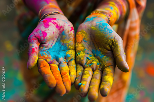 image of hands smeared with bright Holi colors powder