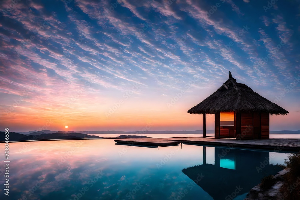 A twilight shot of a hut with swimming pool, where the sky paints a myriad of colors on the still pool surface A twilight shot of a hut with swimming pool, where the sky paints a myriad of colors on the still pool surface