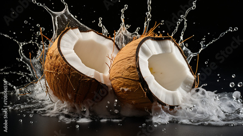Coconut fruits hit by splashes of water