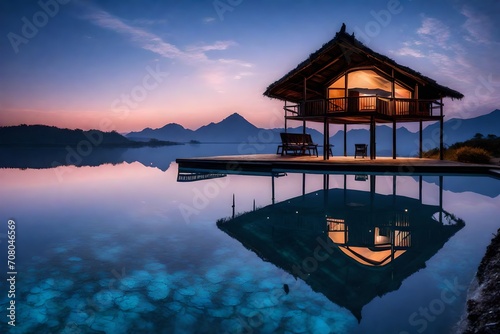 A twilight shot of a hut with swimming pool, where the sky paints a myriad of colors on the still pool surface photo
