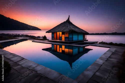 A twilight shot of a hut with swimming pool, where the sky paints a myriad of colors on the still pool surface photo