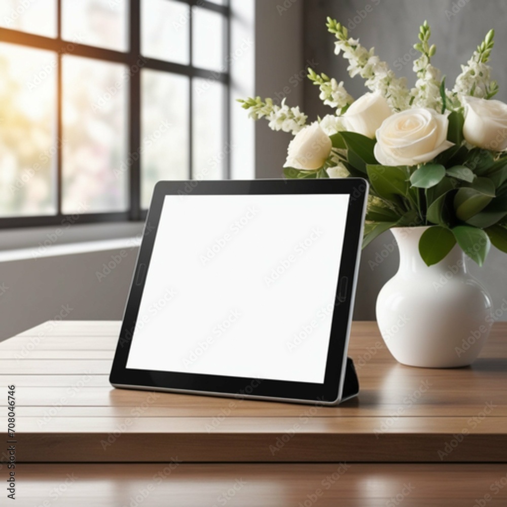 Mockup of a tablet screen on a table with flowers in a vase.
Mockup of a tablet screen on a table with flowers in a vase.
