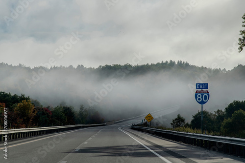 Photos Driver’s perspective on highway I-80 near Clearfield, PA, USA with sun shining o