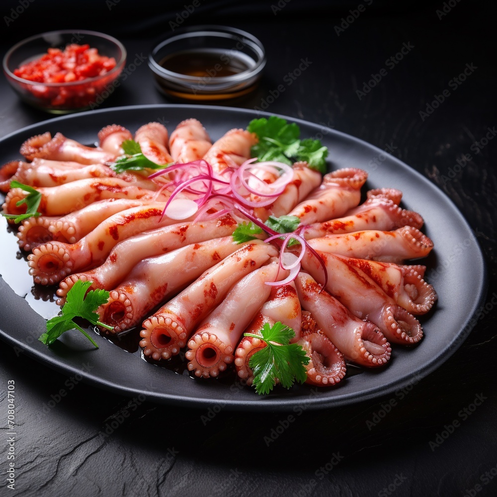 Raw octopus tentacles with parsley and red onion on black plate. AI. Raw octopus tentacles with parsley and red onion on black plate. AI.