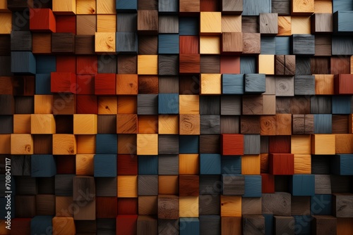 wall constructed entirely of wooden blocks featuring a vibrant array of colors, creating a visually striking mosaic pattern