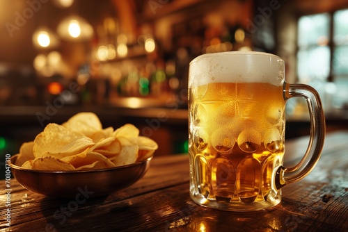 A golden mug of beer with a bowl of potato chips on a wooden table in a pub photo