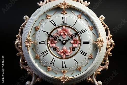A stunning white and gold clock features delicate pink flowers, creating a beautiful and elegant centerpiece