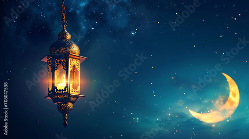 background themed ramadan month with hanging lantern and Crescent moon