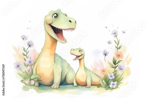 Illustration of a dinosaur mom and her baby with flowers around on a white background