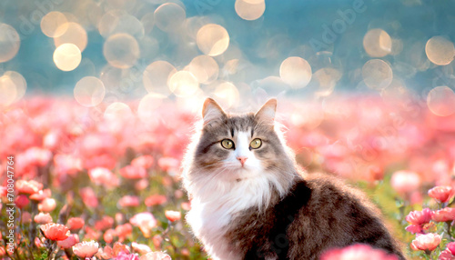 cute fluffy cat sitting in pink flower field, 16:9 widescreen wallpaper / backdrop