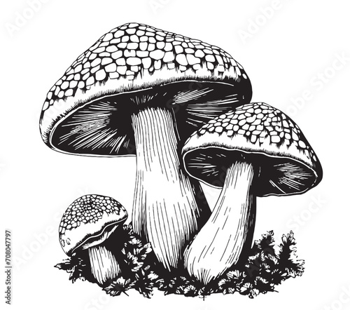 Poisonous mushrooms Vector illustration drawn by hand, family of inedible mushrooms Dangerous mushrooms, toadstool, fly agaric, white toadstool, family of mushrooms