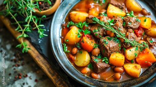 Traditional Jewish Cholent Hamin - main dish for the Shabbat meal, beef with potato cubes, and beans on a black modern plate on a black wooden table photo