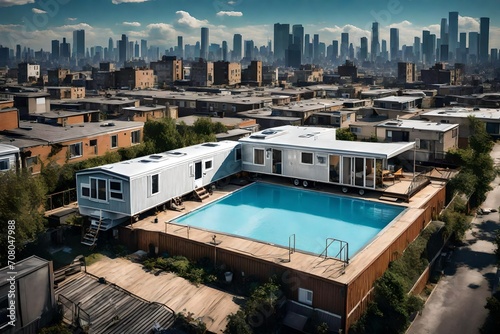 A wide-angle shot capturing the juxtaposition of a mobile home with swimming pool against the backdrop of a bustling urban skyline