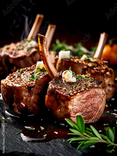 Double-cut lamb ribs on a ceramic plate. Crispy crust served with vegetables
cooked on the grill. Unusual background. Restaurant, homemade food. photo