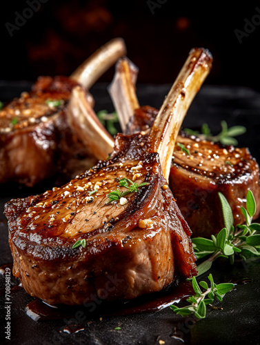 Double-cut lamb ribs on a ceramic plate. Crispy crust served with vegetables
cooked on the grill. Unusual background. Restaurant, homemade food. photo