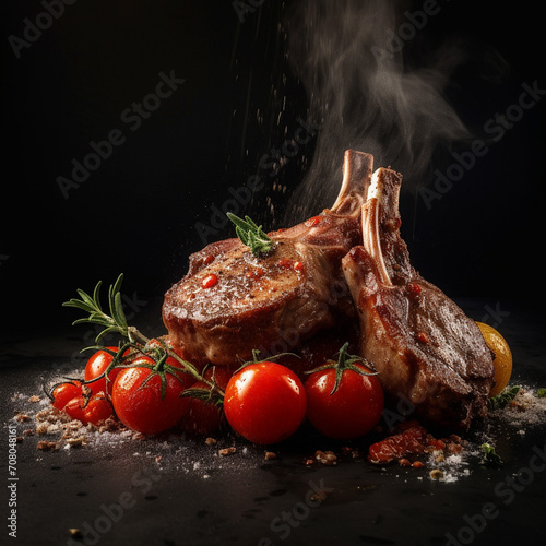 Double-cut lamb ribs on a ceramic plate. Crispy crust served with vegetables
cooked on the grill. Unusual background. Restaurant, homemade food. photo