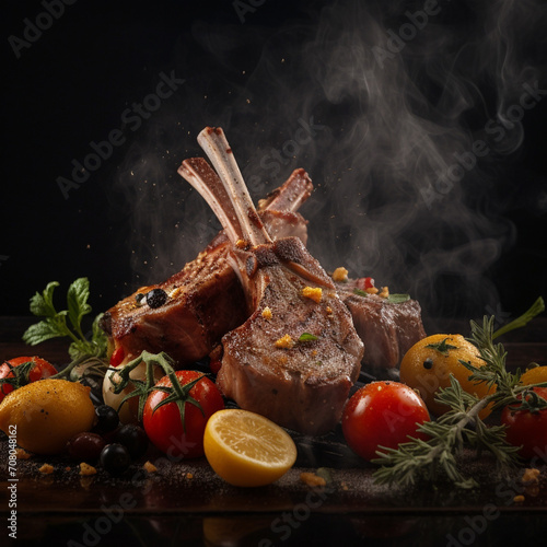 Double-cut lamb ribs on a ceramic plate. Crispy crust served with vegetables
cooked on the grill. Unusual background. Restaurant, homemade food. photo