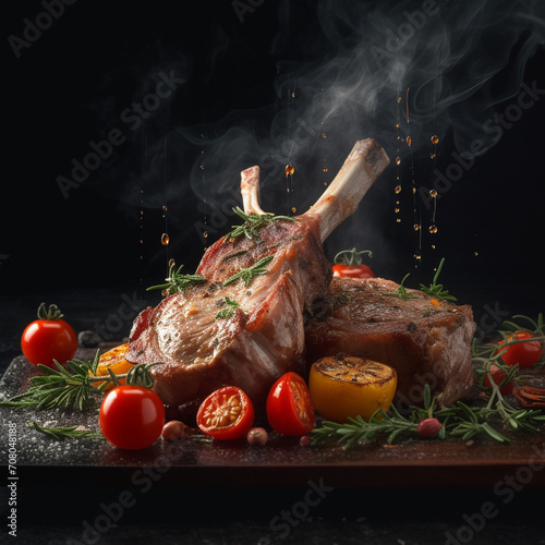 Double-cut lamb ribs on a ceramic plate. Crispy crust served with vegetables
cooked on the grill. Unusual background. Restaurant, homemade food. photo