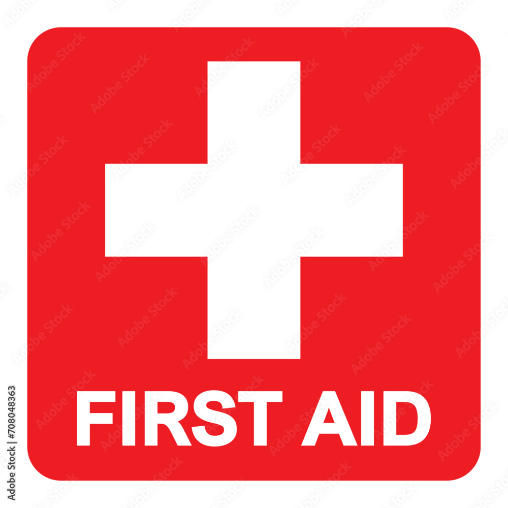 First aid sign, health cross medical symbol, medicine emergency illustration icon, safety design. Red square and white cross symbol with FIRST AID text below, vector illustration islated on white. First aid sign, health cross medical symbol, medicine emergency illustration icon, safety design. Red square and white cross symbol with FIRST AID text below, vector illustration islated on white.