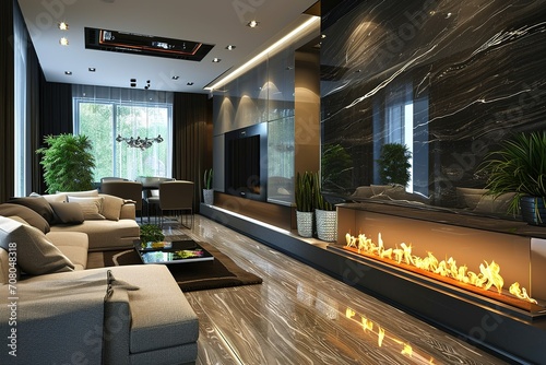 Modern interior design of the living room with fireplace. Super photo realistic background.