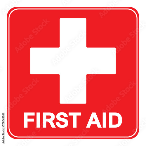 First aid sign, health cross medical symbol, medicine emergency illustration icon, safety design. Red square and white cross symbol with FIRST AID text below, vector illustration islated on white.