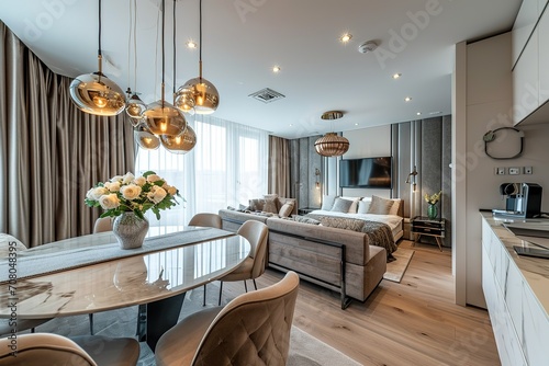 Modern interior in compact apartment with a spacious combined living room with table, chairs and TV and decorative accessories overlooking the bedroom and bathroom. Stylish city real estate concept